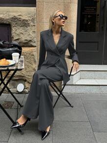 Aloruh 1 套纯色交叉裹身西装外套和裤子套装，秋冬通勤休闲基本款 - 深灰色 - 查看 2