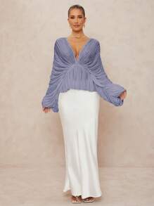 Lumalex Deep V-Neck Oversized Bell Sleeve Loose Women Shirt With Ruffle Hem - Purple - View 5