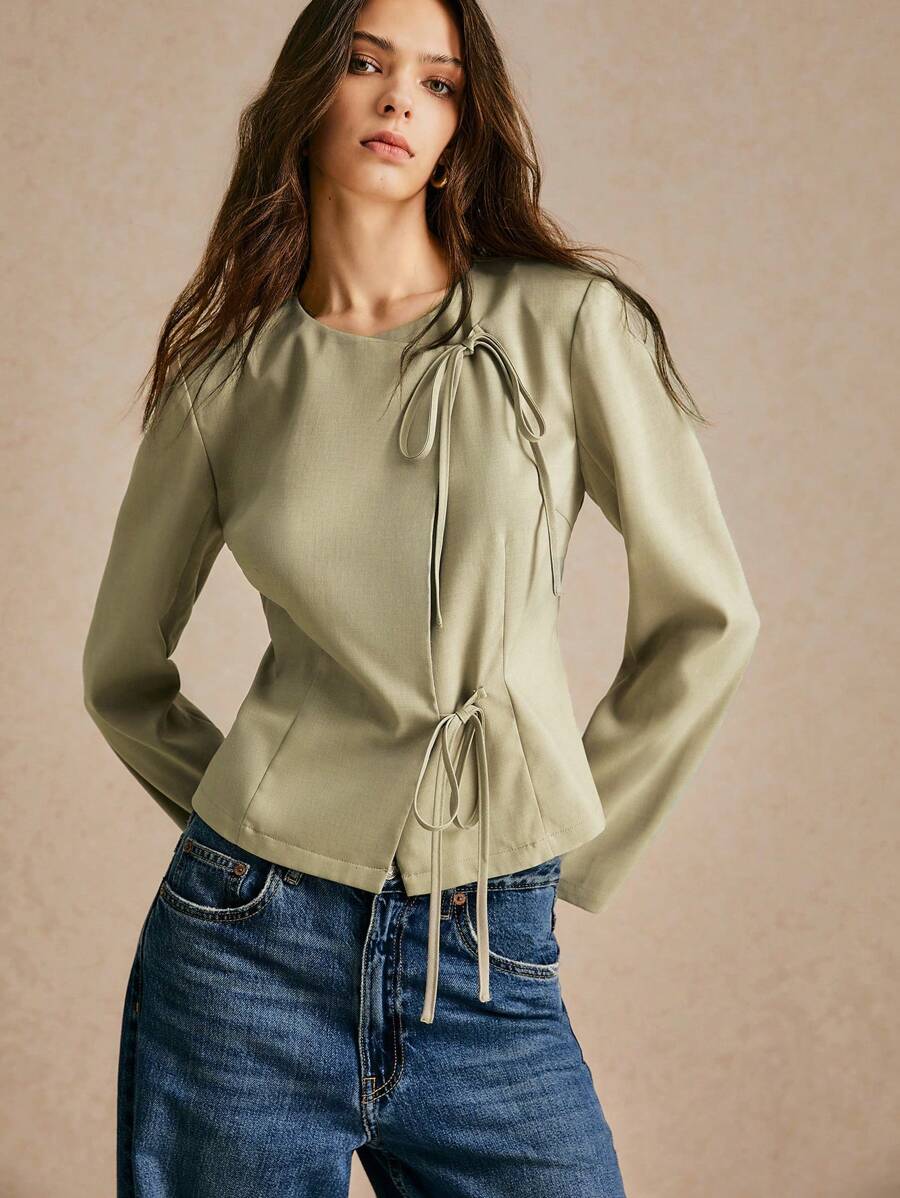 Poéselle Women's Green Lace-Up Solid Color Front Tie Long Sleeve Casual Regular Jacket, Button Detailing At Sleeves, Asymmetric Tie Placket Autumn Winter