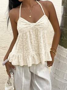 Sunnyshic Áo hai dây đan chéo ren màu trơn, thời trang cho mùa hè - Màu be - Xem 4