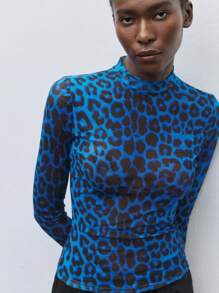 Maija Leopard Print Mesh Top Without Bra,Autumn Outfits For Women, Christmas Women's Clothing - Blue - View 5