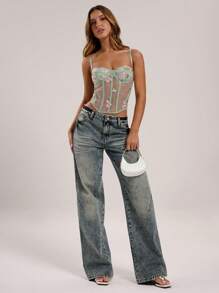 SHEIN BAE 女式夏季花卉刺绣网眼修身吊带背心 - 綠色 - 查看 8