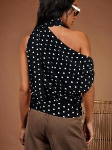 COSMINA 女士优雅露背圆点印花无袖四季上衣圆点上衣单肩衬衫四季，女士外出上衣，波西米亚风女装，可爱 - 彩色 - 查看 2