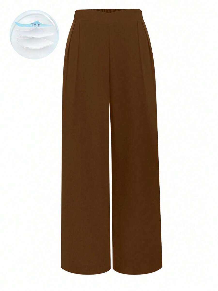 SHEIN Tall Plus Size Women Elastic Waist Casual Straight Wide Leg Pants Fall Cloth For Women - Brown - View 1