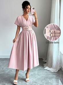Modelyn Đầm midi tay ngắn cổ chữ V màu trơn thanh lịch cho nữ - Hồng - Xem 5