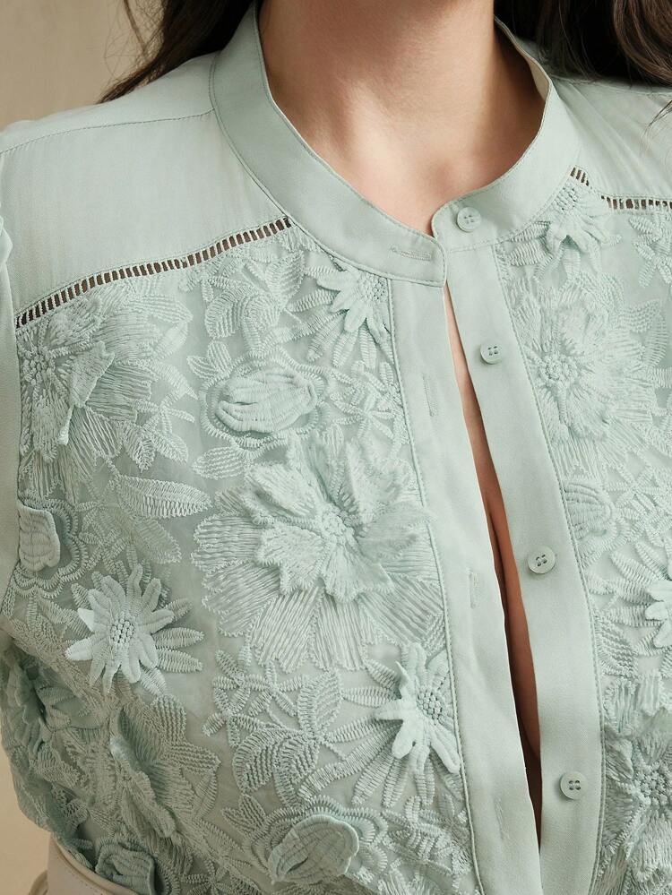 プラスサイズ エレガントなミントグリーンレーススプライス 半袖シャツ、ゆとりのあるフィット、洗練された、柔軟性があり、夏、休暇、祭りに適しています