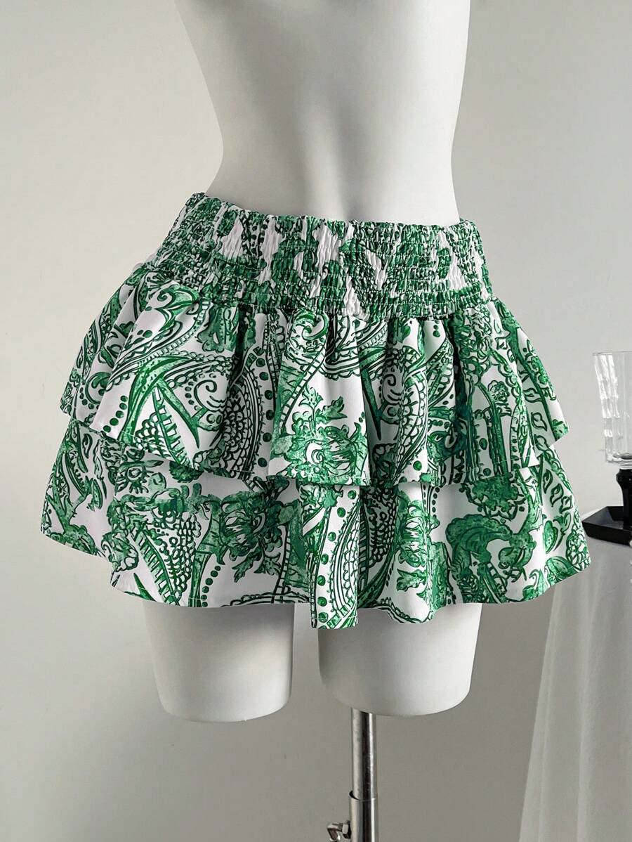 Elamini Falda elástica de cintura estampado integral estilo bohemio, de verano - Verde - Ver 1