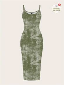 SHEIN EZwear 休闲简约绿色扎染效果复古图案全长紧身吊带裙，适合夏季 - 綠色 - 查看 1