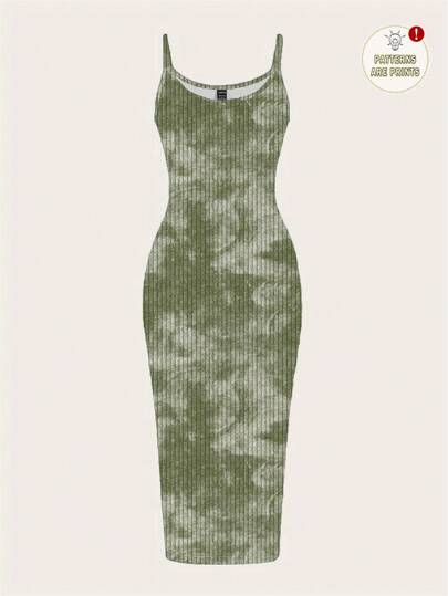 SHEIN EZwear Casual Minimalist Green Tie-Dye Effect Vintage Pattern Full-Length Bodycon Slip Dress, Suitable For Summer,Tea Party Dress,Summer Dresses For Women,Rave Outfits Festival Chic Dress