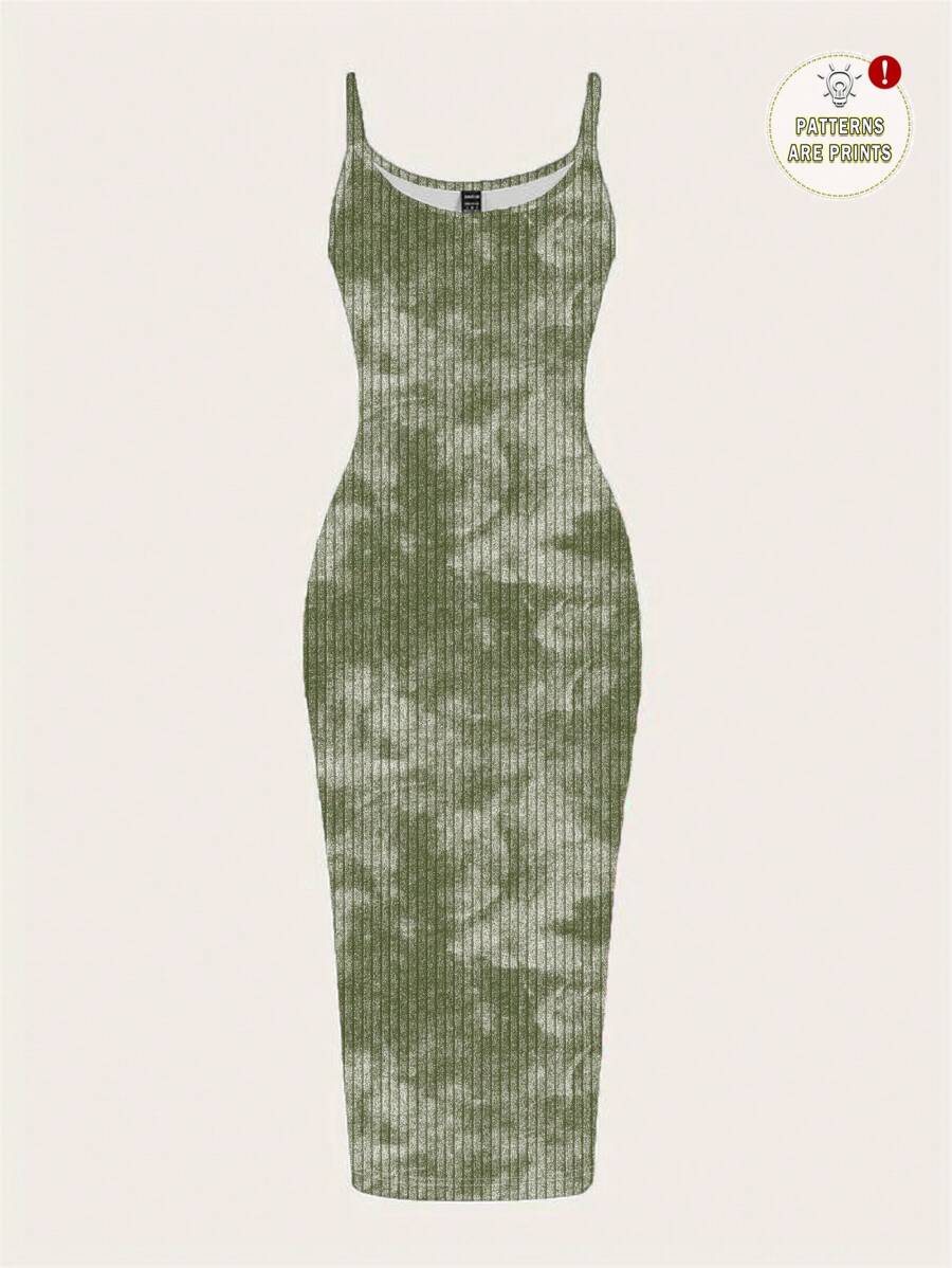 SHEIN EZwear 休闲简约绿色扎染效果复古图案全长紧身吊带裙，适合夏季 - 綠色 - 查看 1