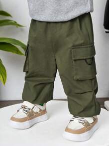 SHEIN Leap Crew 男嬰工作服風格素色錐形腿長褲帶3D口袋 - 軍綠色 - 查看 10
