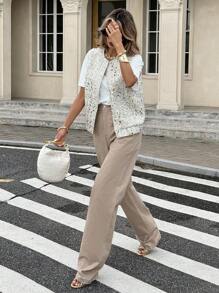 Serisse 时尚无袖亮片女式夹克，适合日常休闲通勤 - 杏色 - 查看 4