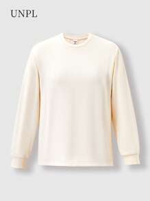 1pc Girls Letter Print Crew Neck Knitted Long Sleeve T-Shirt, Casual & Versatile - Suitable For Travel And Outdoor - Apricot - View 2