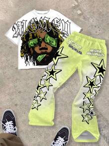 SHEIN Tween Boys Fashion Classic Cool Figure Portrait Graphic Tee & Slogan Printed Bell-Bottoms 2 Pieces Casual Outfit, Suitable For Summer