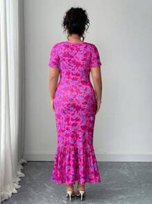 Elenzga Plus Size Women Floral Print Stretch Knit Bodycon Dress, Round Neck Short Sleeve Fitted Dress, Available In June - Hot Pink - View 2