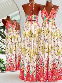 Flirla Vestido camisero sin espalda con estampado tropical para vacaciones de verano, talla grande para mujer - Multicolor - Ver 2