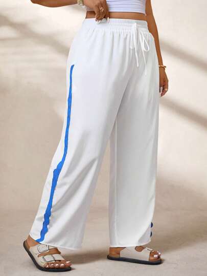SHEIN LUNE 大码撞色斜口袋抽绳直筒裤，休闲