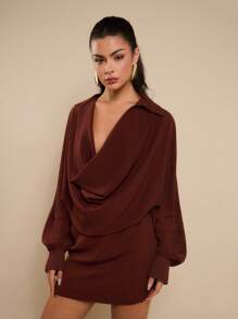 COSMINA Vestido mini elegante con cuello drapeado para mujer, adecuado para banquetes, primavera/verano - Marrón - Ver 5