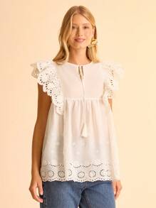 CAJUNI Blouse ample de vacances décontractée pour femme, encolure en V, manches lanternes, avec ourlet à volants brodé de style bohème pour les vacances à la plage - Blanc - Voir 8