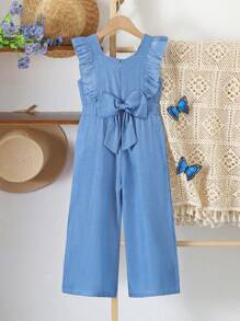 全新少女夏日度假荷叶边袖+蝴蝶结后背蓝色阔腿连体裤 - 藍色 - 查看 2