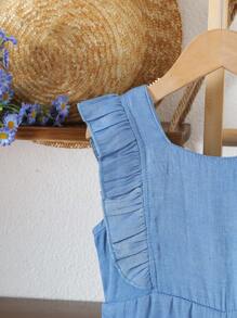 全新少女夏日度假荷叶边袖+蝴蝶结后背蓝色阔腿连体裤 - 藍色 - 查看 3