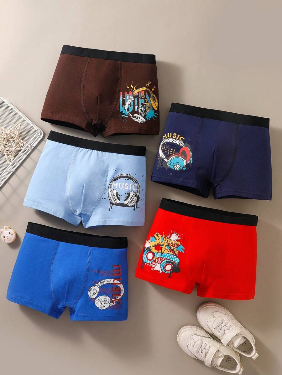 5pcs/Pack Tween Boy Music & Headphone Graphic Comfortable Boxer Briefs - Multicolor - View 1