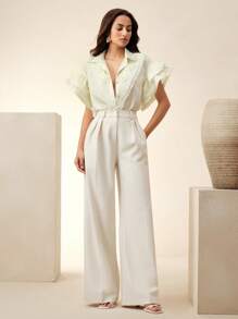 Anewsta Blouse ornée de fleurs 3D en perles de et de faux-perles avec une garniture de volants, pour l'été