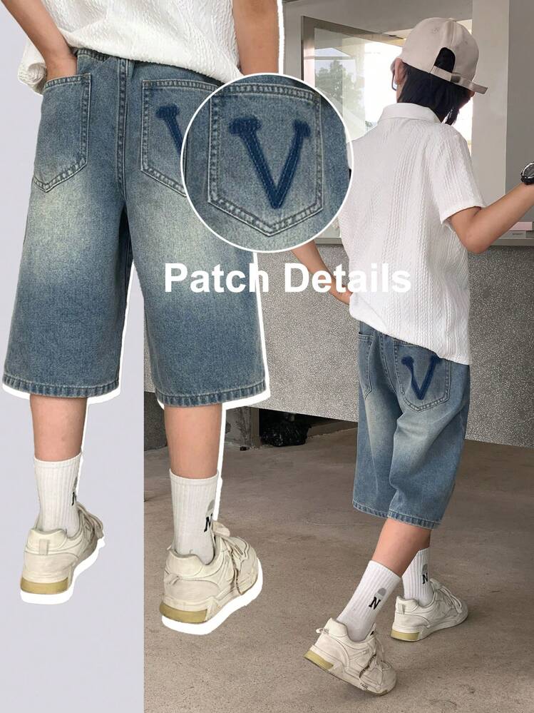 SHEIN Tween Boy Fashion Casual Y2k Cool Cute Fresh Comfortable Loose Back Pocket V-Shaped Wash Design Blue Loose Three-Inch Jeans For Kids Tween Boy Soft Dailywear And Kids Summer And Spring Rave Festival And Beach - Blue - View 2