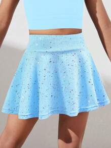 SHEIN Young Girls Activewear Blue Starry Sky Print Elastic Comfortable Yoga Dance Skirt