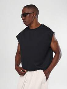 SUMWON 优质无袖背心，毛边短款肌肉型街头服饰必备夏季节日背心 - 黑色 - 查看 1