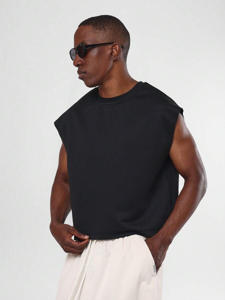 SUMWON 优质无袖背心，毛边短款肌肉型街头服饰必备夏季节日背心 - 黑色 - 查看 1