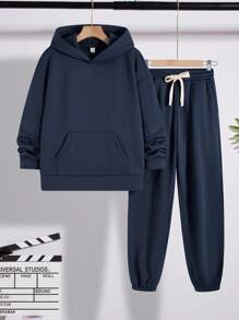 SHEIN 休闲纯色连帽长袖运动衫和运动裤套装，适合青少年，通勤、上学、休闲、度假、运动、派对、秋冬等多种场合 - 藏蓝色 - 查看 1