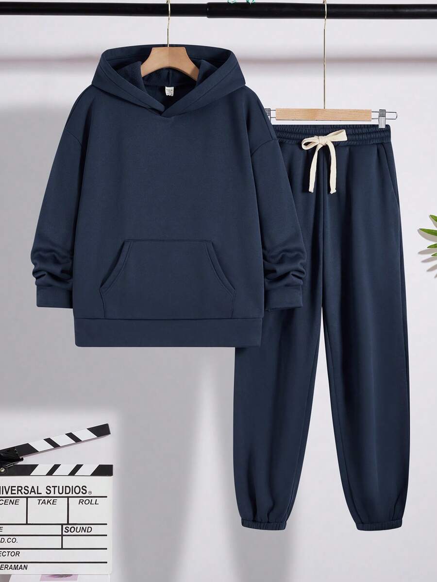 SHEIN 休闲纯色连帽长袖运动衫和运动裤套装，适合青少年，通勤、上学、休闲、度假、运动、派对、秋冬等多种场合 - 藏蓝色 - 查看 1