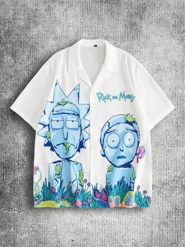 Rick and Morty X SHEIN Camisa de manga corta con botones delanteros y estampado de dibujos animados para hombres