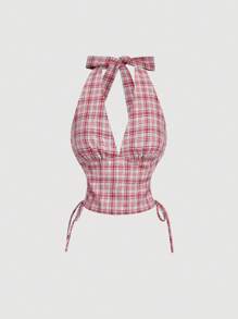 SHEIN MOD Top de tirantes con escote en V a cuadros rojos para mujer - Rojo - Ver 1