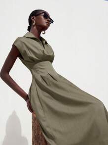 Aveloria Modichic 女士优雅简约设计拉链领褶腰 A 字长袖连衣裙 - 綠色 - 查看 3