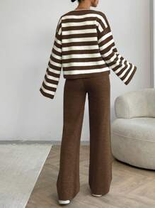 EURMUSE Women Stripe Pattern Front Button V-Neck Drop Shoulder Cardigan & Sweater Pants Set - Brown - View 2