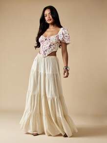 MISSGUIDED Floral Print Puff Sleeve Milkmaid Top Ruched Bodice Corset Style Crop Blouse Cottagecore Aesthetic Summer Festival Spring - White - View 1