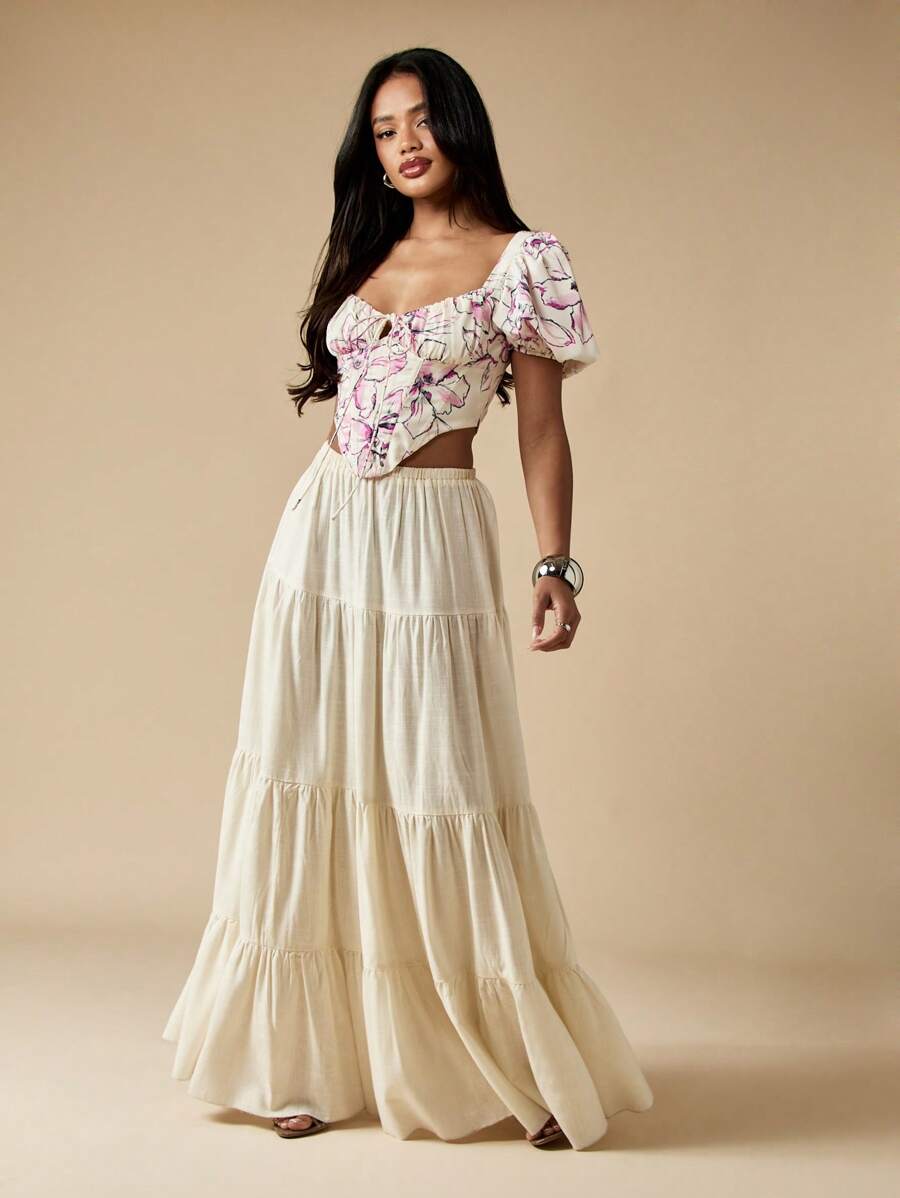 MISSGUIDED Floral Print Puff Sleeve Milkmaid Top Ruched Bodice Corset Style Crop Blouse Cottagecore Aesthetic Summer Festival Spring - White - View 1