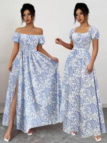 Rafferiza Women's Vacation Blue Romantic Elegant Ditsy Floral Shirred Puff Sleeve Cinched Waist A-Line Casual Holiday Valentine's Day Occasion Bow Dress, Multiple Wearing Styles, Spring/Summer New Arrival Graduation Spring Dress Beach Women Outfits Sun Slits Long Maxi Dress - Blue and White - View 5