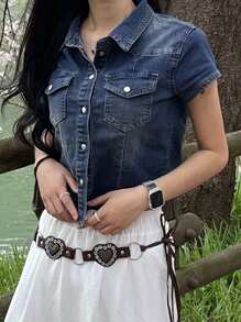 DAZY 马球领做旧毛边短袖牛仔上衣 - 深色水洗藍 - 查看 4