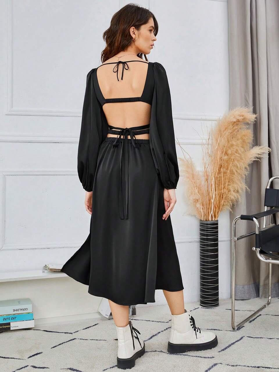 Open Back Lace Up Waist Lantern Sleeve Top & Skirt Set