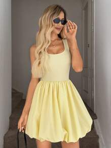 SHEIN LUNE Light Yellow Cute Bubble Skirt For Women, Spring/Summer Sundresses For Vacation - Yellow - View 3