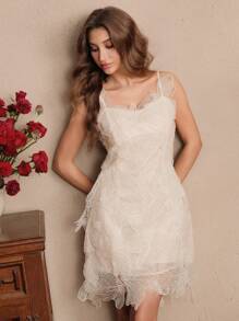 Savoree 米色优雅浪漫派对珍珠装饰腰部收紧甜美芭蕾舞风格女式短裙、婚礼宾客礼服、仙女裙、露肩 - 杏色 - 查看 3