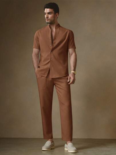 HIMLAND 2pcs Men's Casual Solid Color Fitted Raglan Short Sleeve Shirt And Tapered Waist Pants Set, Suitable For Daily Wear