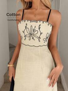 Easowa 休闲度假扇形下摆花卉刺绣与波浪刺绣杏色吊带长裙，露背蝴蝶结设计，适合日常穿着、朋友聚会、度假、通勤，竹纤维棉质面料，春夏