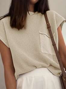 Calvaya Women's Solid Color Short Sleeve Knitted Top With Stand Collar For Leisure And Vacation - Apricot - View 6