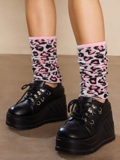 Grunge Punk 1 Pair Sweet Kawaii Pink & Black Heart Leopard Print White Background Straight Leg Stockings