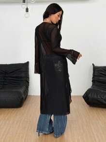 Coolane Women Fall/All-Season Streetwear  Boho Fairycore Daily Wear Rave Renaissance Fair Hippie Music Festival Mesh Straps Ruffle Ribbon Long Coat - Black - View 6