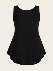 SHEIN BASICS Conjunto de camiseta y top de punto de cuello en V de unicolor, informal, talla grande - Negro - Ver 2